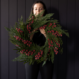 Red Plum Frosted Berry Norfolk Cypress Wreath - 24": LED Pre Lit