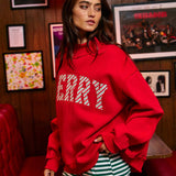 'MERRY' Embroidered Mock Neck Sweatshirt : Red / L/XL