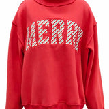 'MERRY' Embroidered Mock Neck Sweatshirt : Red / L/XL