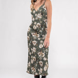 Satin Floral Print Midi Dress