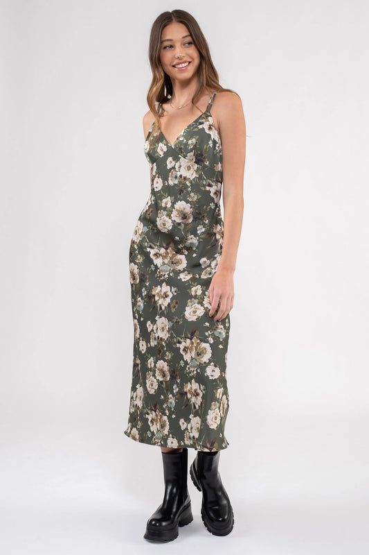 Satin Floral Print Midi Dress