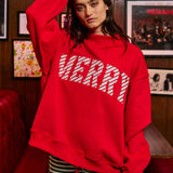 'MERRY' Embroidered Mock Neck Sweatshirt : Red / L/XL