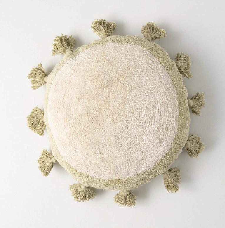 Green tasseled round pillow