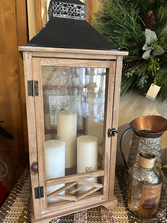 Wooden Lantern With Black Metal Top