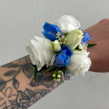 Pastel Blue + White Wrist Corsage