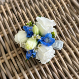 Pastel Blue + White Wrist Corsage