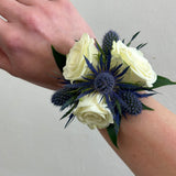 White + Blue Thistle Wrist Corsage