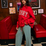 'MERRY' Embroidered Mock Neck Sweatshirt : Red / L/XL