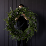 Navy Plum Frosted Berry Norfolk Cypress Wreath 34": LED Pre Lit